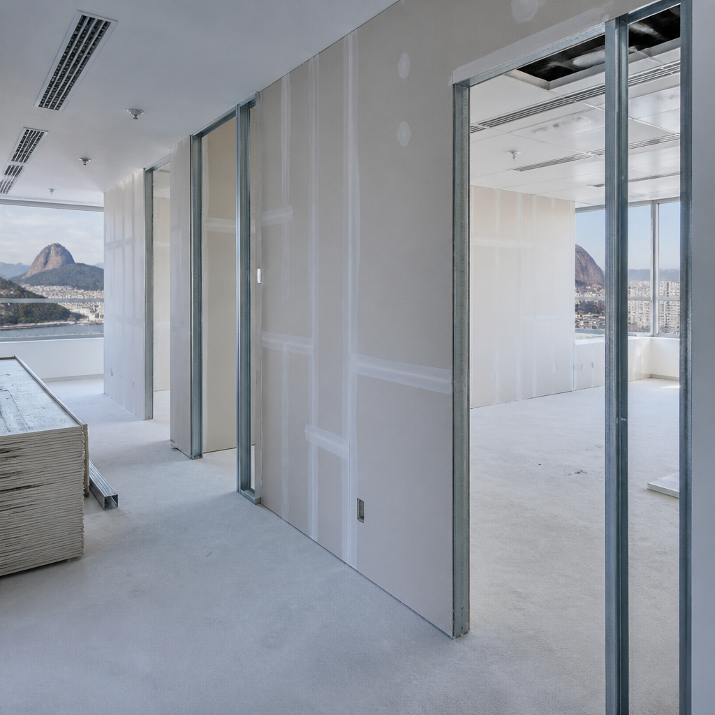 Divisórias leves em escritórios no Rio: como drywall acelera a entrega e reduz retrabalho em obras comerciais